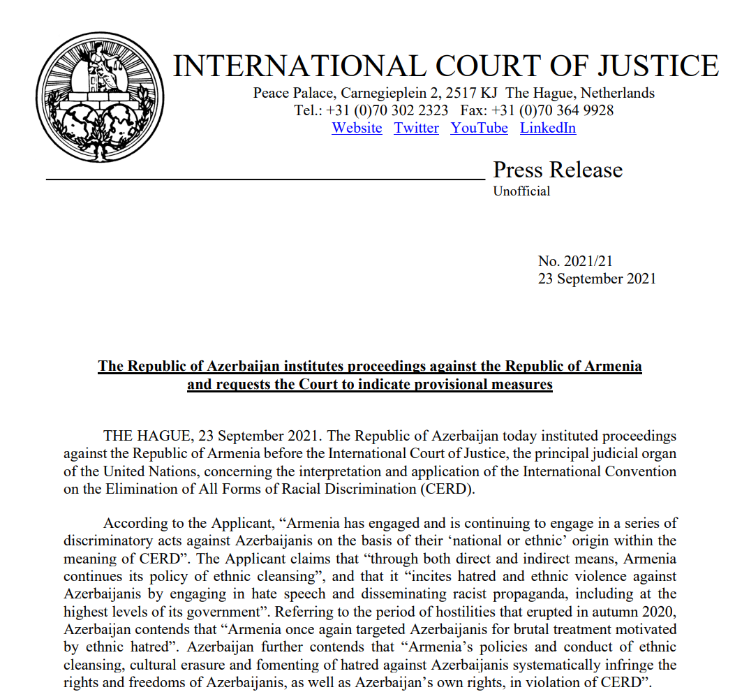 CIJ_ICJ's tweet photo. PRESS RELEASE: #Azerbaijan institutes proceedings against #Armenia concerning the interpretation and application of the International Convention on the Elimination of All Forms of Racial Discrimination and requests the #ICJ to indicate provisional measures https://t.co/sYX0UP8utd https://t.co/2RNlf8PIkn