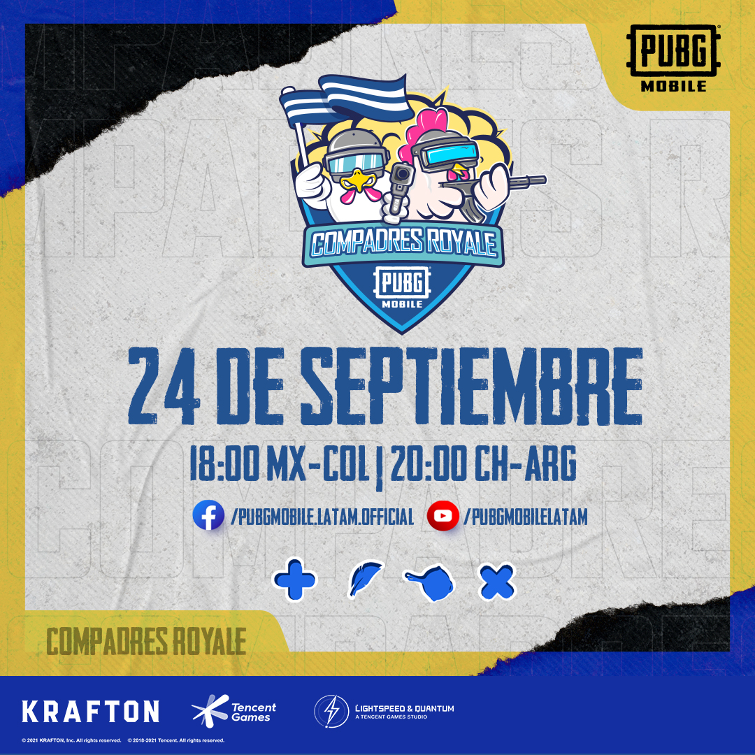 PUBGMOBILELATAM's tweet photo. ¡Mañana hay #CompadresRoyale! 🐓 Nuestro escuadrón de creadores tomará el campo de batalla 🤜🤛
⏰ 6pm MX-COL | 8pm CH-ARG
📺 YouTube y Facebook https://t.co/HWQL8aTXpu