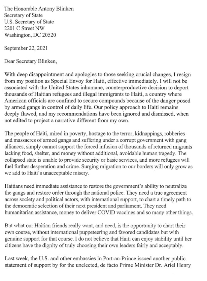 ianbremmer's tweet photo. Quite a resignation letter from US Special Envoy to Haiti Daniel Foote who: “will not be associated w the US inhumane, counterproductive decision to deport thousands of Haitian refugees.” https://t.co/8m3MywmJrG