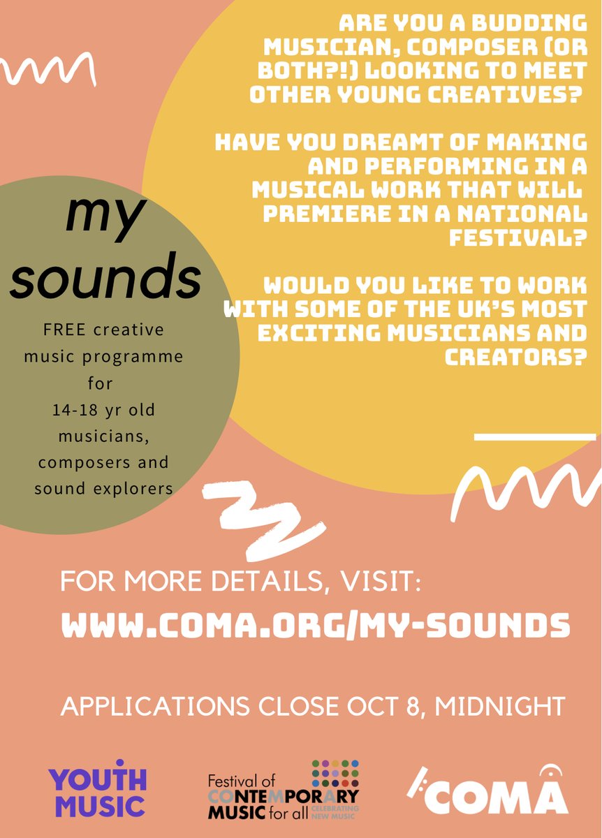 🚨 CALLING ALL 14-18 YEAR OLD CREATIVES! 🚨 
CoMA are so excited to launch our creative music scheme, ‘my sounds’.
We’re looking for a diverse group of young musicians, composers and sounds explorers who want to make something totally new! 

APPLY NOW! 
bit.ly/3EMH3cH
