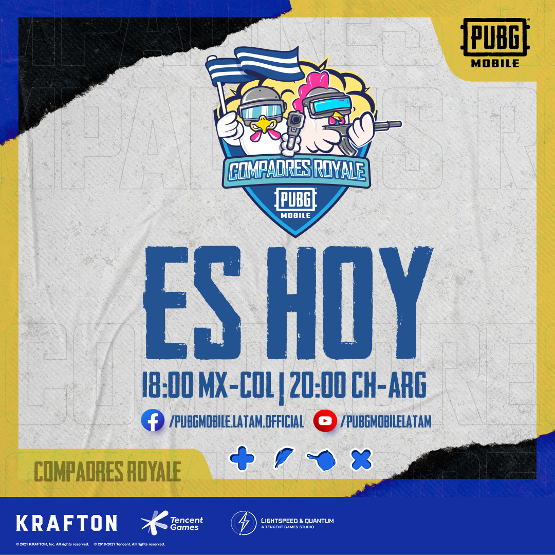 PUBGMOBILELATAM's tweet photo. Hoy es día de #CompadresRoyale 🐓🤩 ¡te esperamos más tarde!
⏰ 6pm MX-COL | 8pm CH-ARG
📺 https://t.co/CqDNP9idam
📺 https://t.co/EDoDDsKnK2 https://t.co/AE7fg0M6Gt