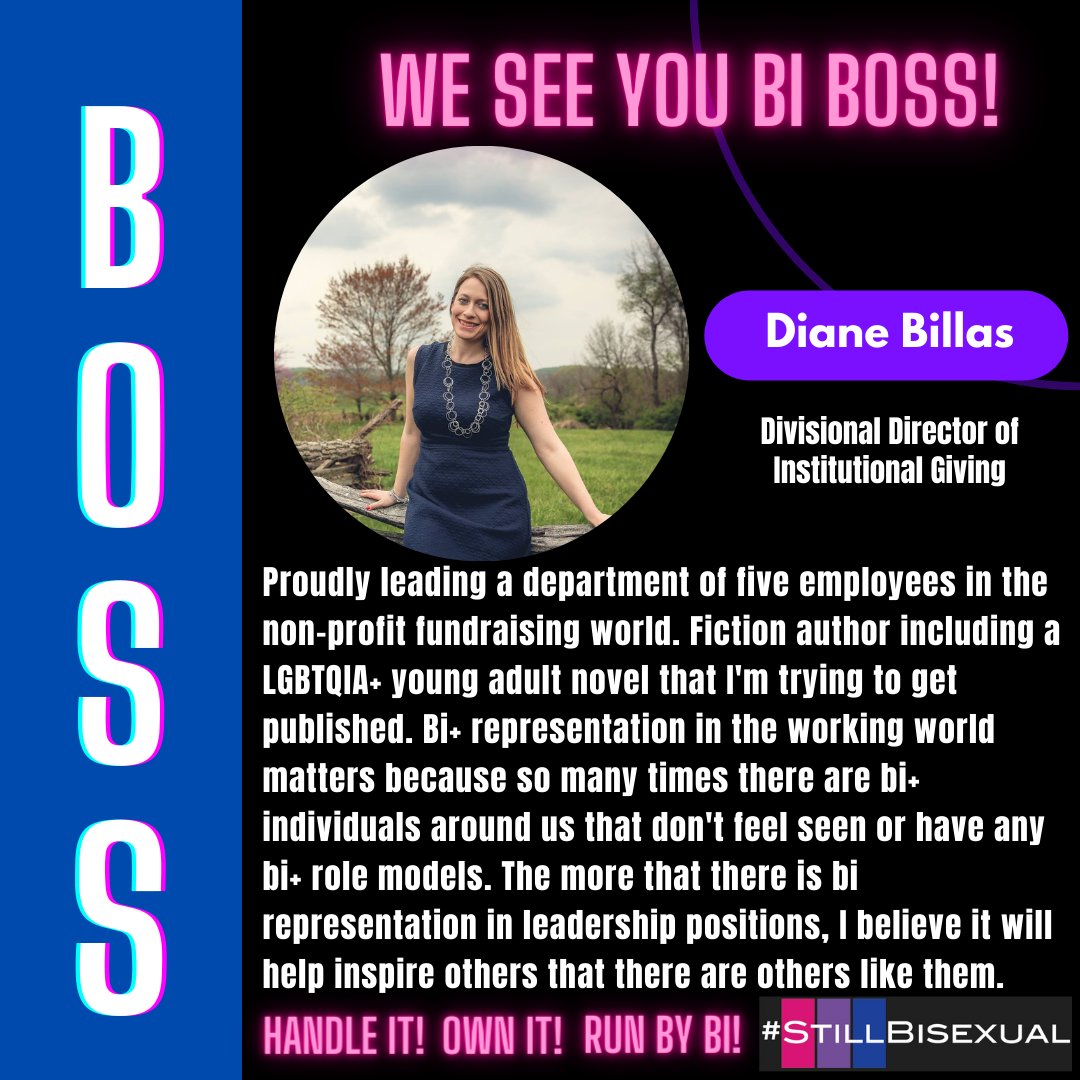StillBisexual's tweet photo. Celebrating @dianebillas on #BiVisibilityDay. We see you, #BiBoss! #bisexual #lgbtq #stillbisexual #CelebrateBisexualityDay https://t.co/CsOmKSwFTm