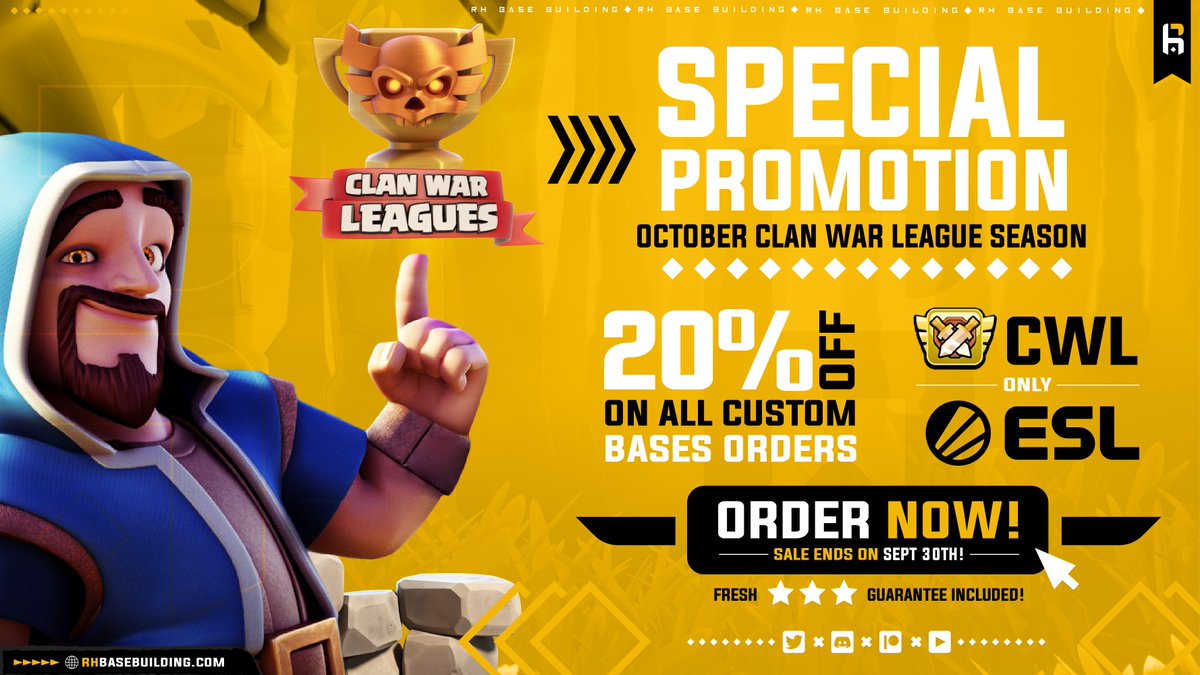 👀Looking for some Fresh TH14 Layouts for next CWL? 
😎We have something for you!

💥October CWL - Special Promotion

🔶20% off on all TH14 Custom Base Orders
🔶Promotion ends on September 30th!

⬇️ORDER NOW!⬇️
🔗Discord discord.gg/rhbb
🔗Website rhbasebuilding.com/product/clash-…