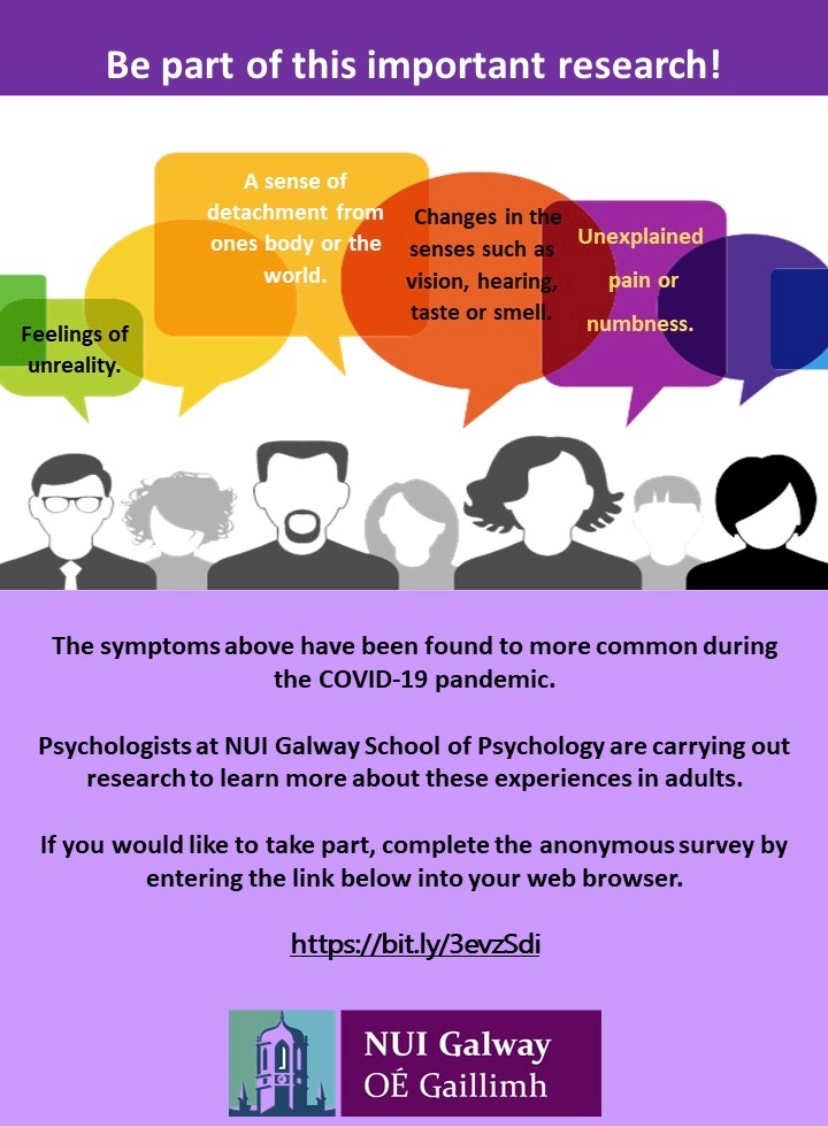 At @nuigPsychology
 @DrJonathanEgan and I are exploring unusual #Psychological and #PhysicalSymptoms during #Covid19 If you would like to take part click this link bit.ly/3evzSdi