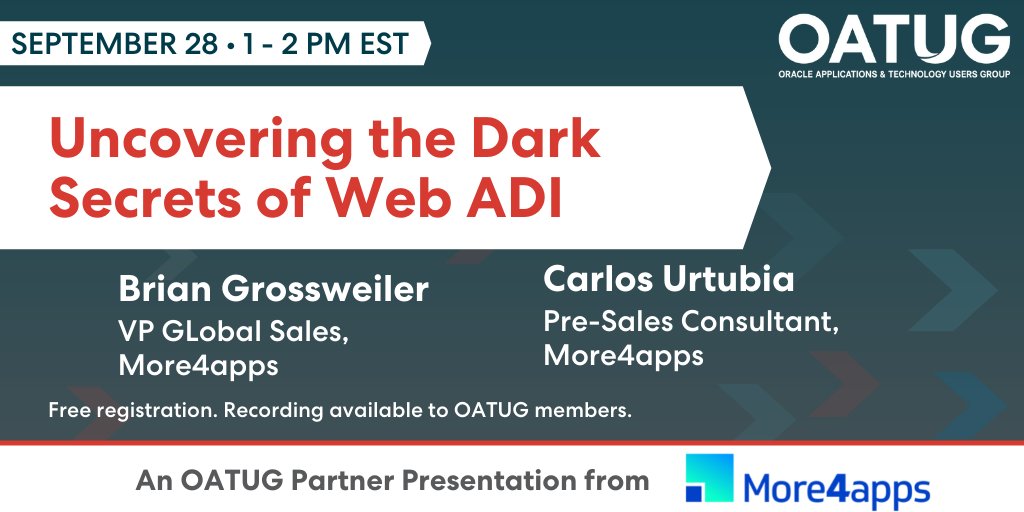 OATUG1's tweet photo. Is #WebADI in your #Oracle data management toolbox? Should it be? @More4apps will do some myth busting and reveal dark secrets about Web ADI. Join us!
Sep 28, 1 pm ET
Register: https://t.co/8EGh1gOZoa https://t.co/gNGC9psBDK