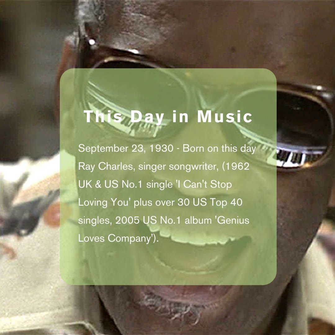 Ray Charles, singer songwriter, (1962 UK &amp; US No.1 single 'I Can't Stop Loving You' plus over 30 US Top 40 singles, 2005 US No.1 album 'Genius Loves Company').

Listen: ow.ly/tO3v50GaM3X

#thisdayinmusic #bornonthisday #raycharles #singer #songwriter