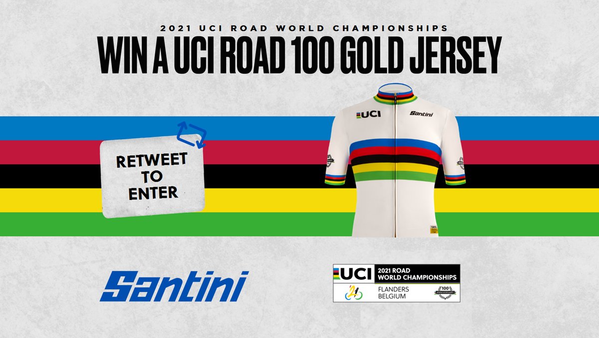 Retweet for a chance to win a special <a href="/SANTINI_SMS/">Santini Cycling</a>
 UCI Road 100 Gold jersey 🌈

📝 Entries close on Monday 27th Sep 2021 at 6pm. Winner picked at random and announced on Tuesday 28th Sep 2021. #Flanders2021