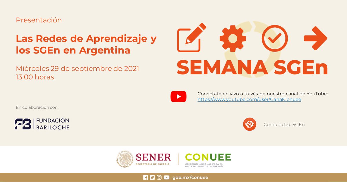 📢 <a href="/CONUEE_mx/">CONUEE_mx</a> te invita a la presentación: #RedesDeAprendizaje y #SGEn en #Argentina, en la #SemanaSGEn 🇦🇷

Por: Claudio Carpio de <a href="/FundacionBRC/">Fundación Bariloche</a> 

🗓️ Miércoles 29 de septiembre de 2021 ⏰ 13:00 horas (CDMX)
📺 Enlace: youtu.be/XmNZK1saE58

➡️ Programa: bit.ly/3nbkl7S