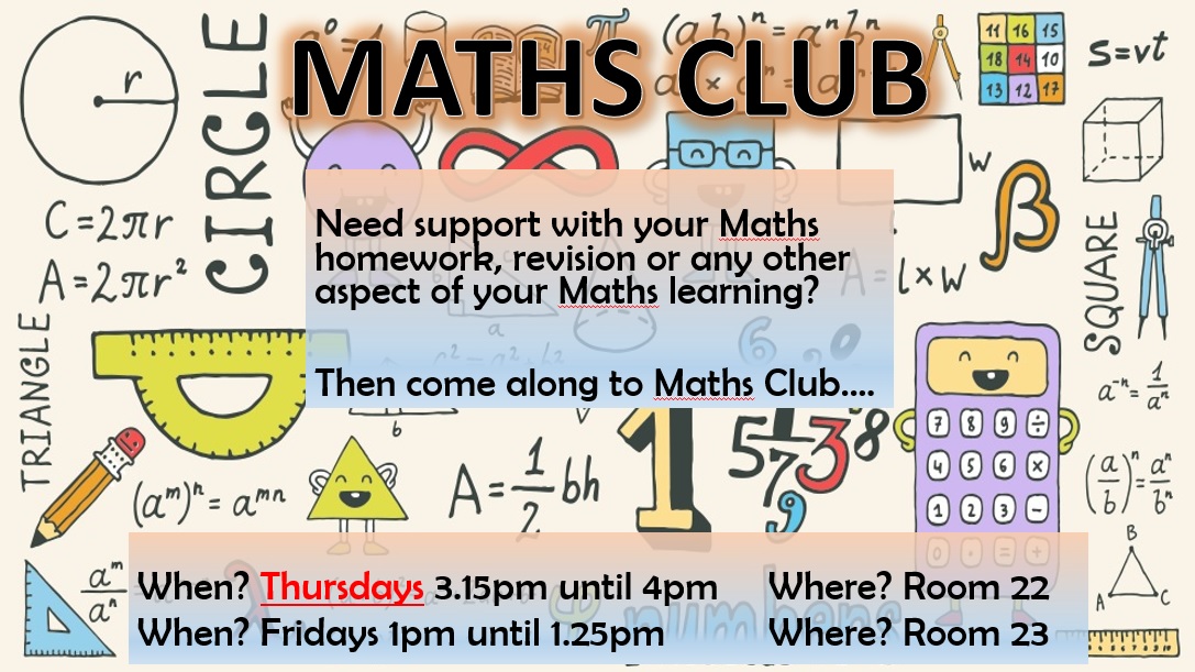 Maths Club update!!
Maths Club will now run on Thursdays rather than Mondays.
Look forward to seeing you there!!