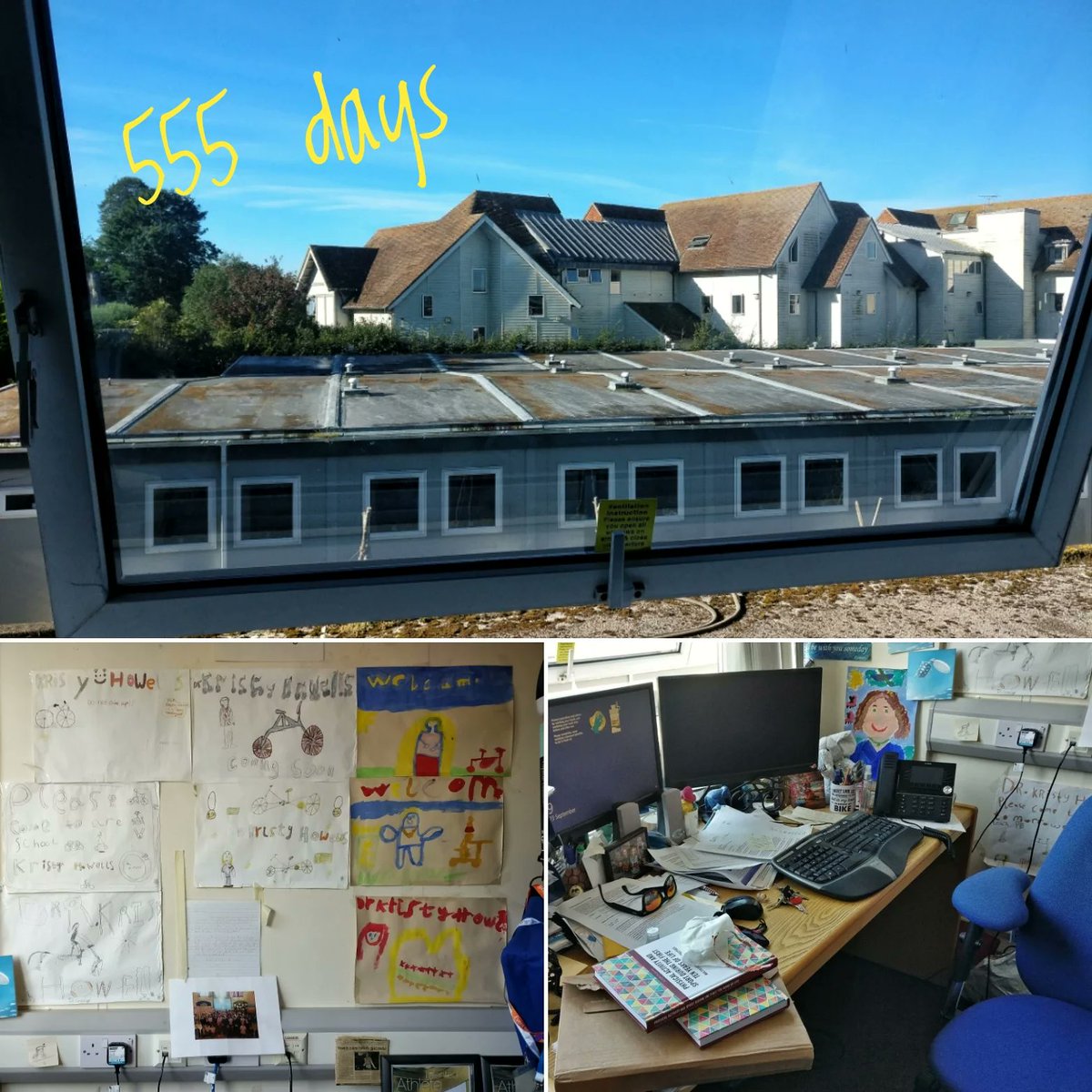 KristyHowells1's tweet photo. 555 days (!) since I last saw this view from my office. Mess is still the same, 🤩🙈 just oddly frozen in time, we only thought we would be gone a week or two!! Not 79 weeks.... #turnbacktime #frozenintime #clarityinthechaos #blueskyview #messyoffice #mycorneroftheoffice https://t.co/kjyZxkUmwO