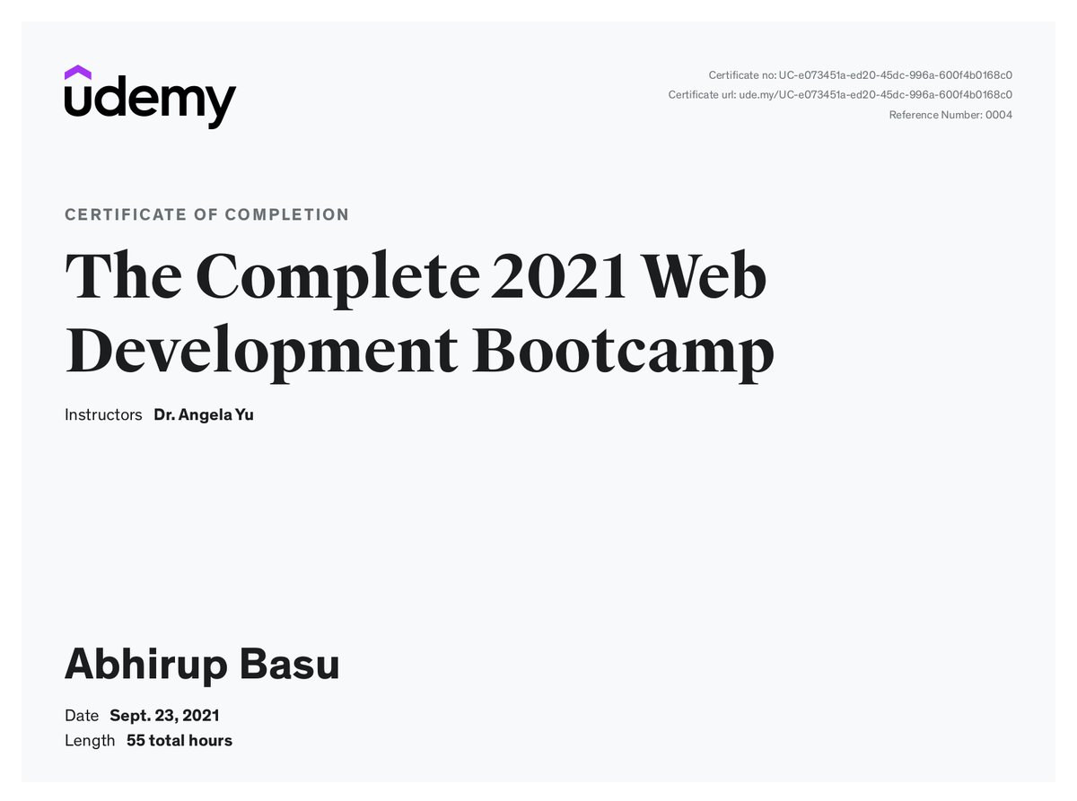 basu_abhirup27's tweet photo. I have just completed "The Complete 2021 Web Development Bootcamp" https://t.co/JJ3fltBj0B via @udemy after spending 4 fun-filled months.

Expressing my heartfelt gratitude to @yu_angela for being such a wonderful teacher ♥

#webdevelopers #DEVCommunity #CodeNewbies #codenoobs https://t.co/9adVr6Sq3a