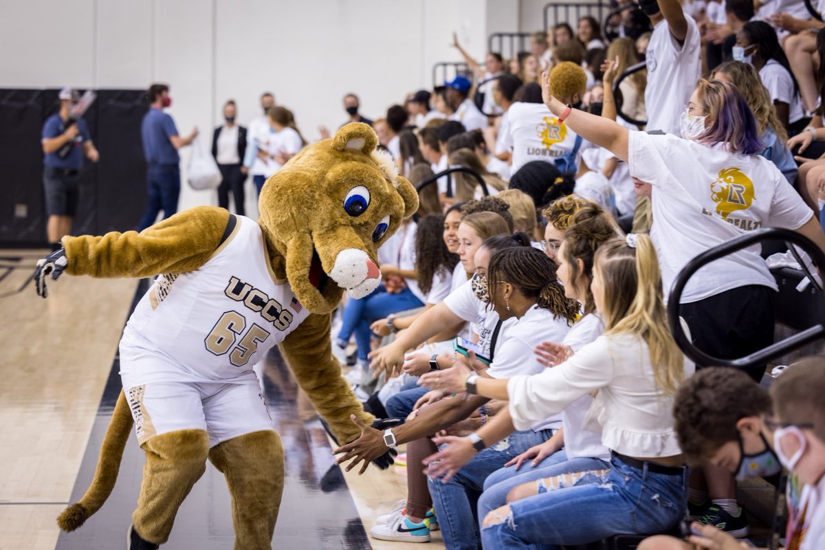 UCCSClyde's tweet photo. Did you see me at the @UCCSVolleyball White-Out night??? It feels so great to be back in person cheering on my fellow Mountain Lions! #UCCSAthletics #BacktoSchool2021 https://t.co/jKtJXQXEsL