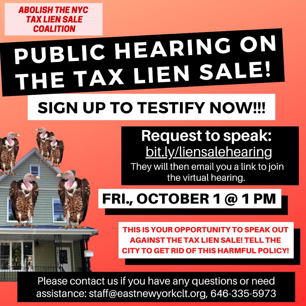 🚨🚨This is your chance to speak out against the tax lien sale! Tell the city to #AbolishNYCTaxLienSale! 🚨🚨
Request to speak at the hearing on 10/1: bit.ly/liensalehearing or by calling 311.