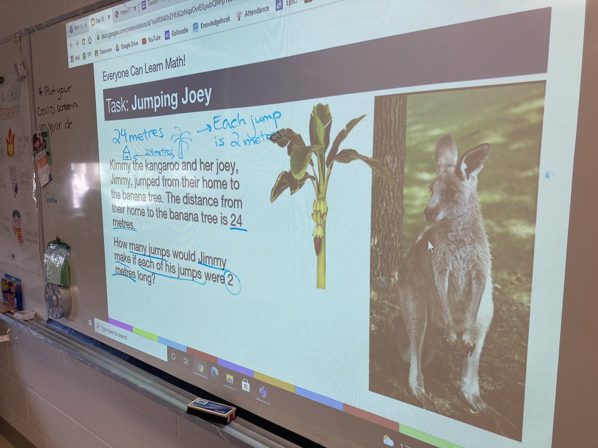 MsStadniksClass's tweet image. Working on growing our Math Brains and collaboration skills while also learning about cute kangaroos! Students used their own strategies and tools to solve the problem together! #everyonecanlearnmath #teamworkmakesthedreamwork @stalphonsaDP