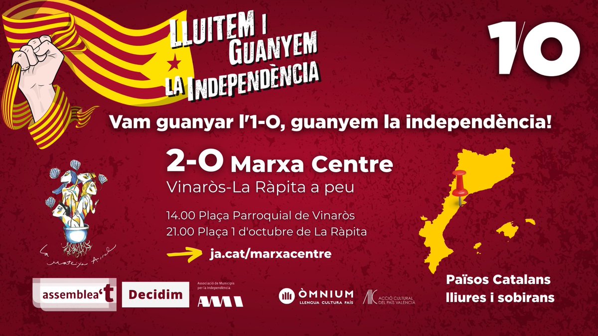👬👫👭Marxa Centre Vinaròs-La Ràpita
Països Catalans Lliures i Sobirans
2 d'octubre
14.00h pl. Parroquial de Vinaròs  
21.00h pl. 1 d'octubre de La Ràpita
#LluitemiGuanyem

 @DaDPV, <a href="/Decidim_CN/">Decidim Comarques del Nord</a>, @AMI_cat, <a href="/omnium/">Òmnium Cultural</a>, @omniumEbre, <a href="/AccioCulturalPV/">Acció Cultural del País Valencià</a>, <a href="/assemblea/">Assemblea Nacional Catalana</a>