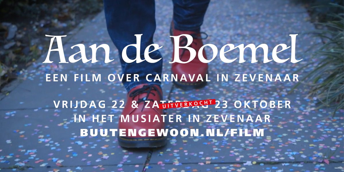 “Aan de Boemel”. Een film over carnaval in Zevenaar. Avondvullend programma met de film van 45 minuten + 2 on stage buuts van de kampioen buutrednen Daniël Schmitz + afterparty met DJ Robin Stougie. Voor vrijdag zijn nog kaarten te koop! Info en trailer: buutengewoon.nl/film