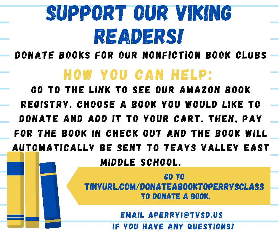 msperryin8th's tweet image. Support our Viking readers! Your donation of a nonfiction book could help students become better readers, have deeper conversations and become more critical thinkers! Click this link to go to our Amazon Book Registry: tinyurl.com/donateabooktop…