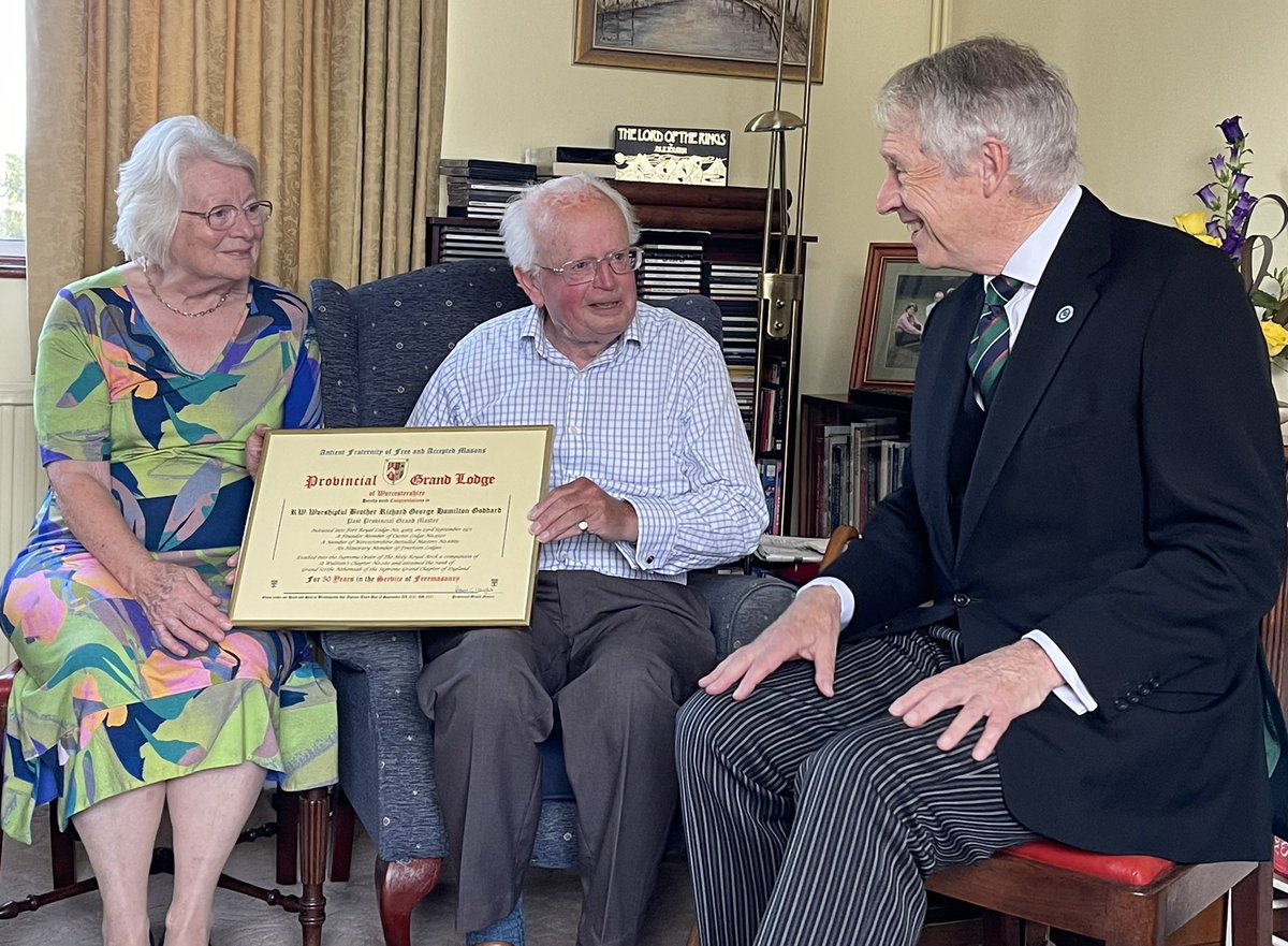 A memorable afternoon spent with Provincial Grand Master <a href="/rwbrobob/">Robert Vaughan</a> and members of Fort Royal Lodge at the home of our PastPGM RWBro Richard GH Goddard and his wife, Helena, when he was presented with a certificate marking his 50 years in Freemasonry. <a href="/WorcsMasons/">Worcestershire Freemasons</a> #Freemasons