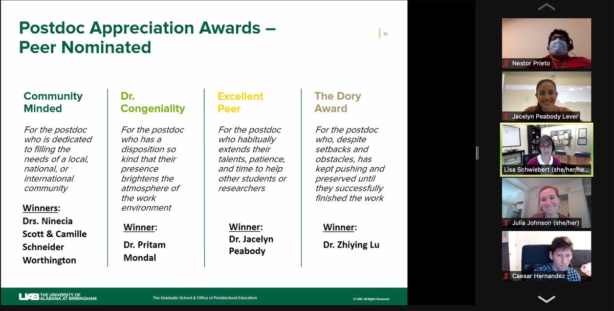 Thank you to UAB for rolling out the red carpet for post docs this week! I am thrilled to be awarded the 1st place 🥇 oral presentation and am humbled to win the Excellent Peer award🥺🥰! Happy #PostdocAppreciationWeek y’all! #postdocsrock #GiveHerAReasonToStay