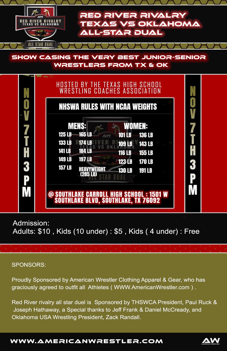 THSWCA (@thswca) on Twitter photo If you haven’t heard the great news already…THSWCA & American Wrestler are hosting the RED RIVER RIVALRY ALL-STAR DUAL this year! Sunday 11/7 3PM @ Carroll High School! If you have an interested wrestler please contact, All-Star Liaison: Jayson Conger jayson.conger@kellerisd.net If you haven’t heard the great news already…THSWCA & American Wrestler are hosting the RED RIVER RIVALRY ALL-STAR DUAL this year! Sunday 11/7 3PM @ Carroll High School! If you have an interested wrestler please contact, All-Star Liaison: Jayson Conger jayson.conger@kellerisd.net