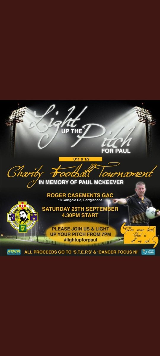 Dunloydomo1's tweet photo. On Saturday @DunloyGAC will light up their pitch at 7pm like we did last year along with @casementsgac and many other clubs in memory of Paul McKeever and everyone else who has been affected by cancer in our community and further a field #LightUpForPaul https://t.co/i8nGDhsVgn
