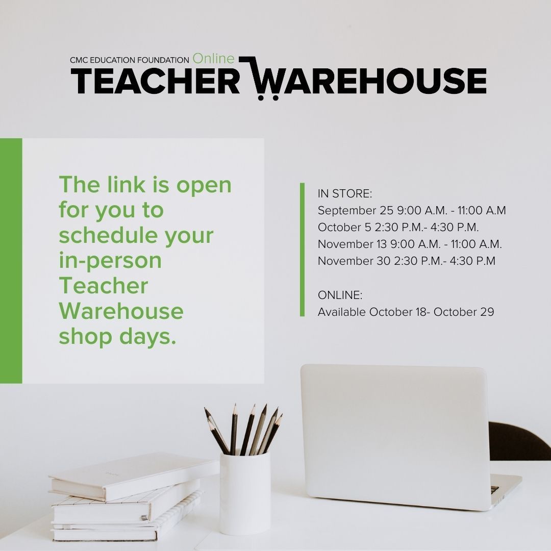 CMCedFoundation's tweet photo. CMCSS Teachers make sure you are taking advantage of our Teacher Warehouse and Teacher Warehouse Online this semester! You can book your in store appointment here https://t.co/bB8gIlPcpp .
The Teacher Warehouse and the Teacher Warehouse Online are presented by SERVPRO of MoCo. https://t.co/RGLvsAW0KU