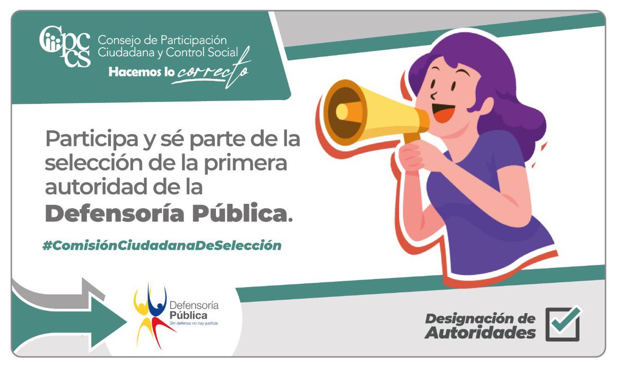 #ATENCIÓN | El #CPCCS abre las inscripciones para ser parte de la #ComisiónCiudadanaDeSelección para el proceso de selección y designación de la primera autoridad de la <a href="/DefPublicaEC/">Defensoría Pública del Ecuador</a>. 

Más información👇
bit.ly/3AMU0RD

#HacemosLoCorrecto 
#DesignaciónDeAutoridades