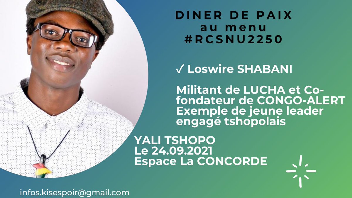 Ns aurons #Diner_de_Paix ayant au menu #RCSNU2250 avec les jeunes tshopolais dont 2 profils 👇
Ns leur parlerons et remettrons de copie de la #Resolution2250
Ce 24.09.21 à l'espace la #Concorde.
#YPS 
@WY4PSinAfrica 
@YaliRDC 
@ESASavechildren