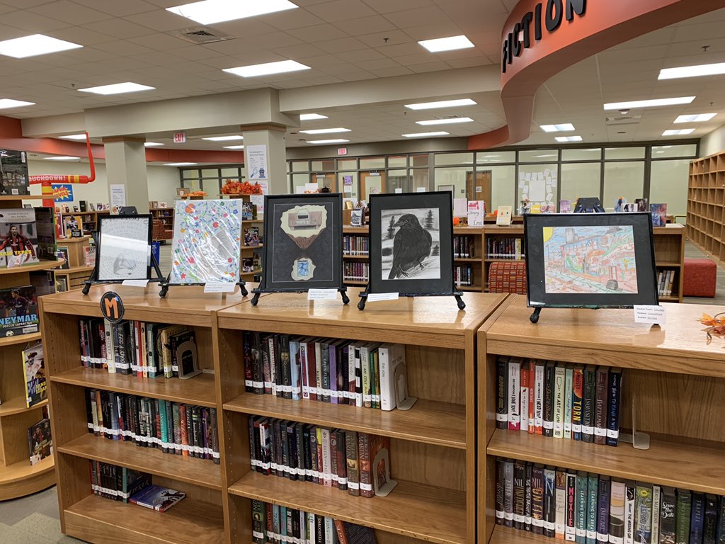 SGHS_TLC's tweet photo. Thank you @SGHSVisualArts for the student art installation. Looking forward to showcasing these amazing artists and others throughout the year! @SouthGarnerHS @ChrisTuttell @SEasternArea @wcpssdll https://t.co/kDh99zhPjM