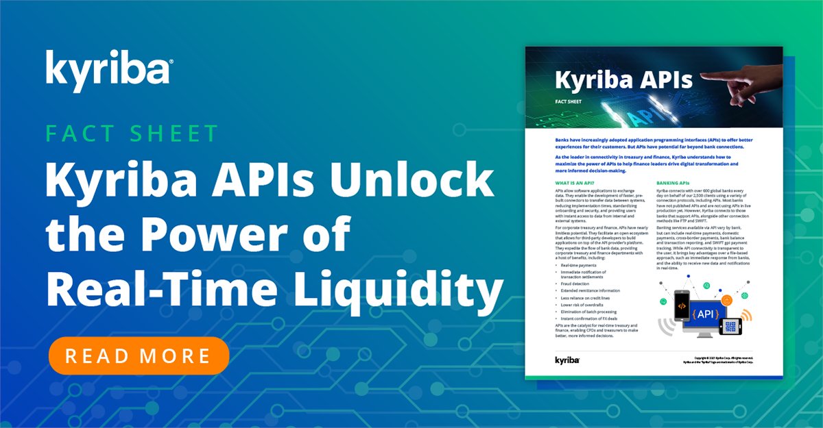 kyribacorp's tweet photo. #APIs are the catalyst for real-time #treasury and #finance, enabling CFOs and treasurers to make better, more informed decisions. Learn more about how Kyriba's APIs can transform the way you access and consume information. https://t.co/h7AZgrsS1g https://t.co/HCNGtX2q3T
