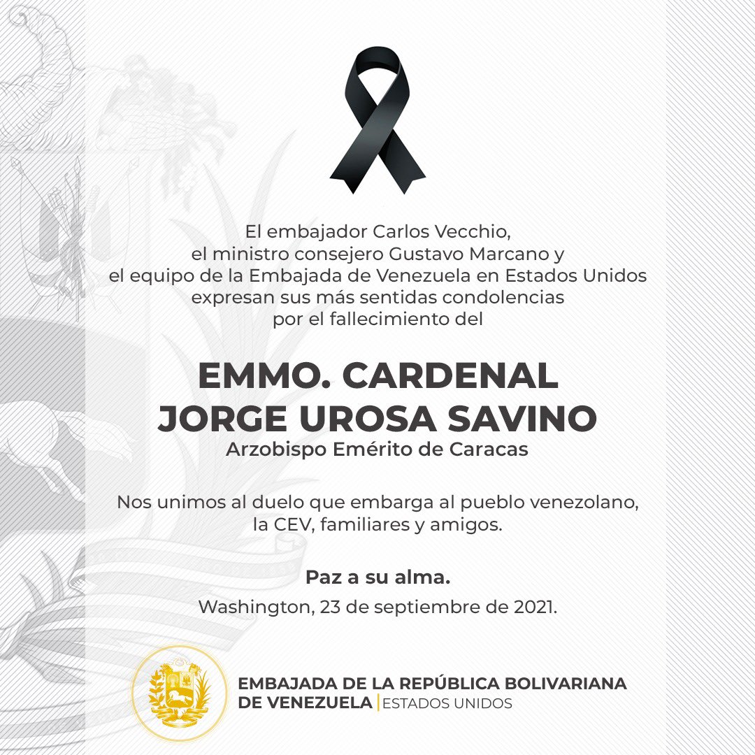 Lamentamos la partida del Cardenal Jorge Urosa Savino, un incansable luchador por la libertad, la paz y el bienestar social de nuestra Venezuela. 

Nuestro abrazo solidario a su familia y a la comunidad católica. Paz a su alma