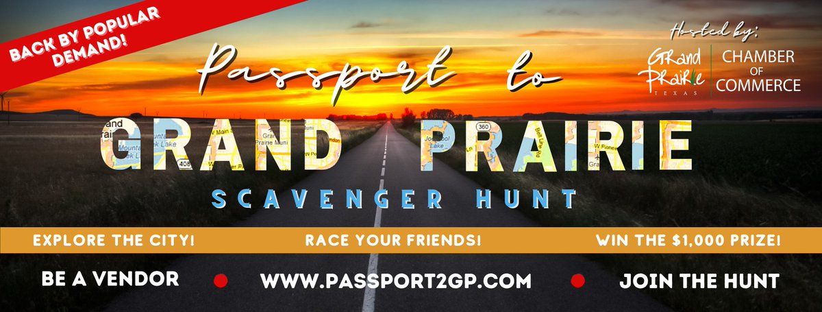 THE PASSPORT TO GRAND PRAIRIE IS NOW OPEN FOR REGISTRATION! VENDORS &amp; PLAYERS!
Players- you asked, we listened!
Check out the registration page for what's new for 2021!

Click here to sign up to play or to join the hunt as a vendor!
grandprairiechamber.org/passport-to-gr…...