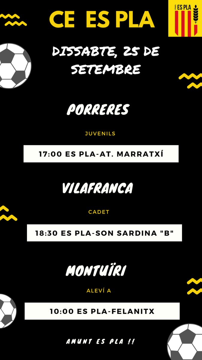 ce_pla's tweet photo. Partits per aquest dissabte dels equips d'Es Pla. Serà el primer partit de lliga tant per els cadets com l'aleví A.

⚫⚫⚽⚽ https://t.co/LvnpoOl0Cu