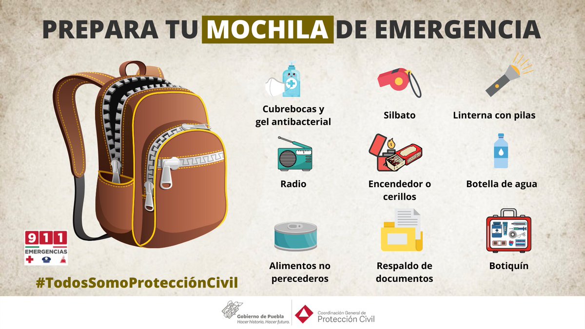 PCGobPue's tweet photo. Te compartimos algunos artículos para armar tu #MochilaDeEmergencia. Recuerda tenerla lista e integrarla a tu #Plan de #ProtecciónCivil, es uno de los elementos esenciales durante algún desastre. Por una #PueblaResiliente https://t.co/xtLc4gHMlt