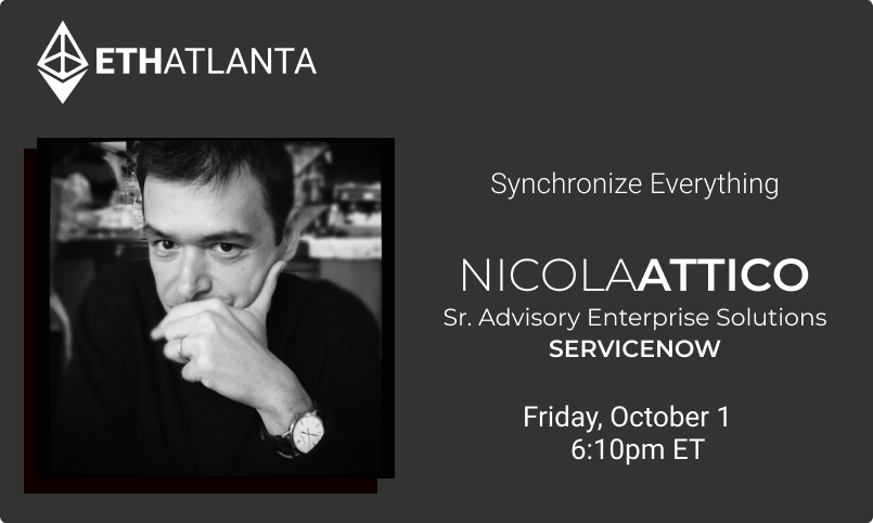 eth_atl's tweet photo. Behind every great experience is a great *synchronized* workflow. Welcome to a new era of employee and customer experiences. 

Tune into Synchronize Everything keynoted by @nicolaattico from @servicenow 

Enterprises build with #Ethereum 

Register here https://t.co/KemfatzODy https://t.co/zMn6kWEh9k