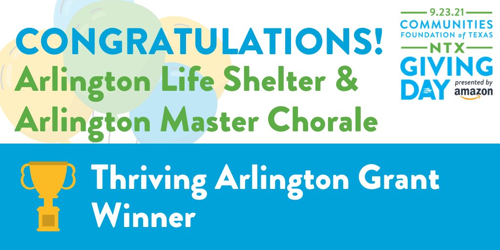We’ve got two winners to announce for the a Thriving Arlington Grant! This prize goes to the Arlington-based nonprofit with an annual budget of $250K or more and with the most donors between 6-10 a.m. Congrats to @ArlLifeShelter &amp; Arlington Master Chorale, you are the recipient!