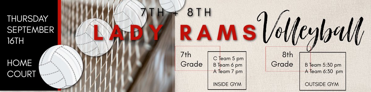 mwisdrams's tweet photo. Update on game times for MWJH Lady Rams Volleyball @ home tonight.

7th Grade:
C Team vs. Community Christian 5 pm
B Team vs. Lake Worth 6 pm
A Team vs. Lake Worth 7 pm

8th Grade:
B Team vs. Lake Worth 5:30 pm
A Team vs. Lake Worth 6:30 pm https://t.co/suAwoCgrzS