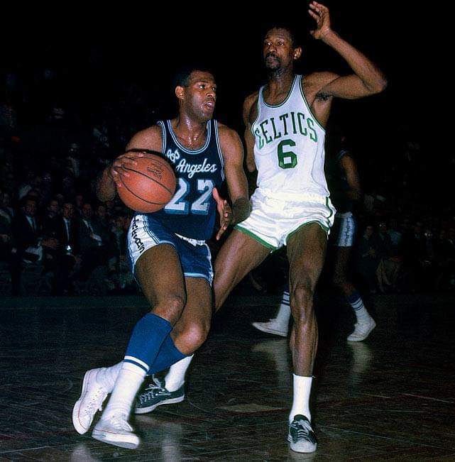 Happy birthday Elgin Baylor going up against Bill Russell.    