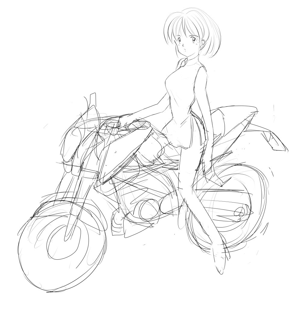 人物に合わせてバイク描く時はこんな感じ レイヤー1枚でラフ線にガリガリ描き重ねて しなののイラスト