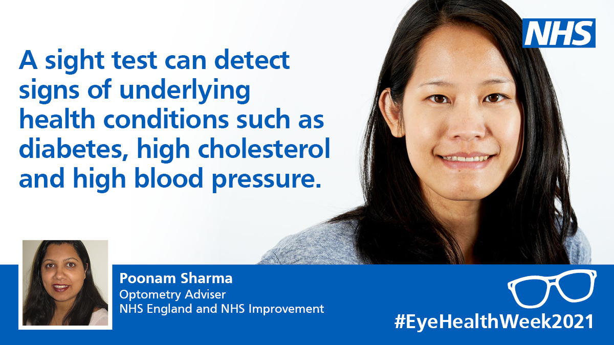 PrimaryCareNHS's tweet photo. Don’t overlook your eyes when it comes to caring for your health. Make sure you have a sight test regularly, as well as an eye health check.
 
Find an optical practice ➡️ https://t.co/okfX0Et52e 

#EyeHealthWeek2021 👁️👁️

@DiabetesUK https://t.co/LaU0HHDN0d