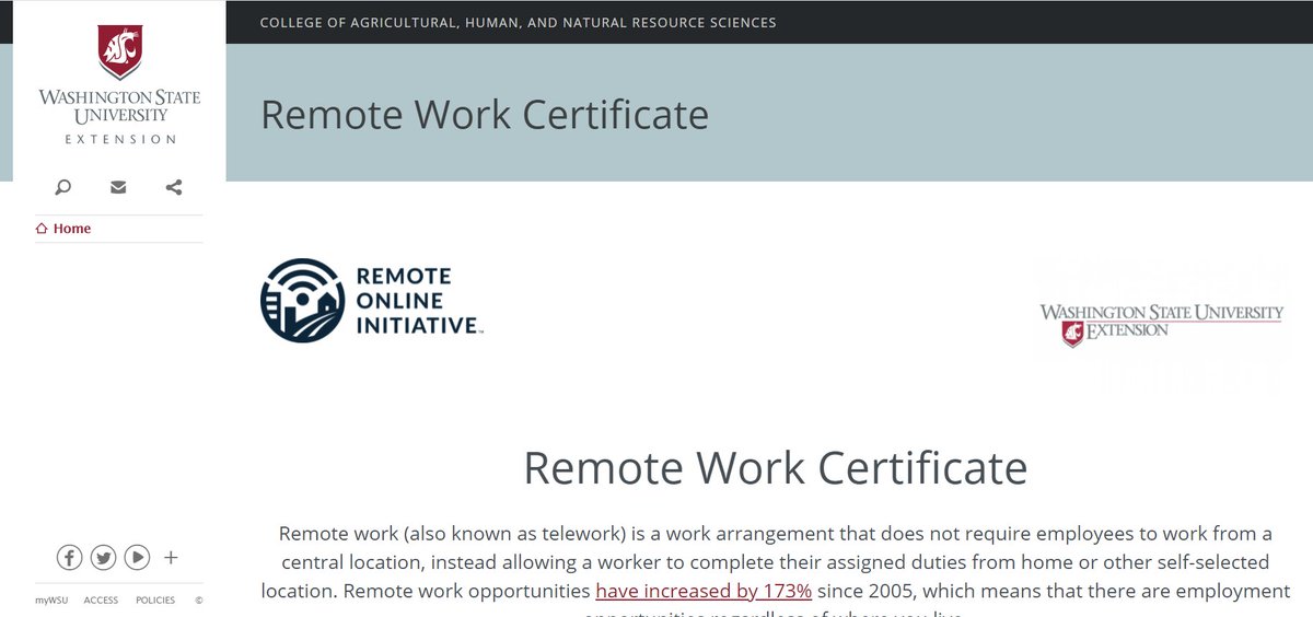Our colleagues at <a href="/WSUExtension/">WSU Extension</a> have partnered with <a href="/awbinstitute/">AWB Institute</a> &amp; others to develop a Remote Work Certificate for Washington residents to prepare them to take advantage of remote work opportunities. Learn more about this 4-week course: extension.wsu.edu/remoteworkcert…. #waedu