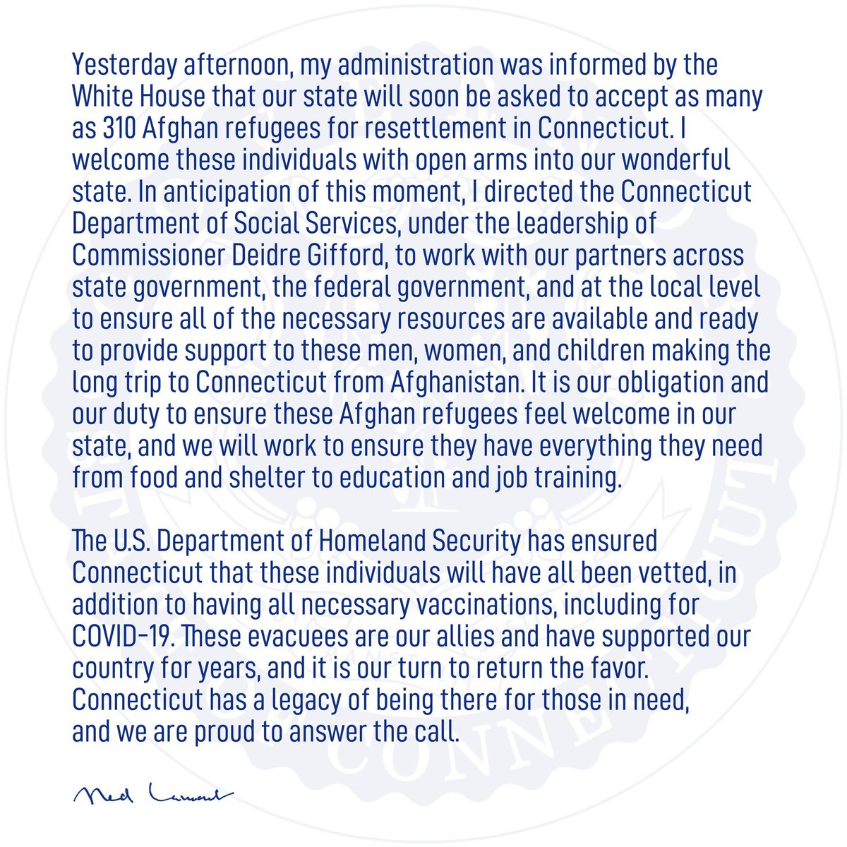 GovNedLamont's tweet photo. Welcoming these Afghan refugees is the right thing to do. #CTvalues
My full statement ⬇️ https://t.co/lPrN4DxRwc