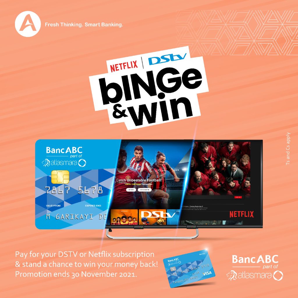 BancabcZW's tweet photo. A little binge watching never hurt anyone! 🤷♂️
Pay for your #DSTV 📺 or #Netflix 🍿subscription with your @BancabcZW Prepaid Visa card 💳 and stand a chance to win your money back💰 (up to US$75 for #DSTV and up to US$15 for #Netflix)!
#BingeAndWin 🎉 https://t.co/KSZD8gBBwG