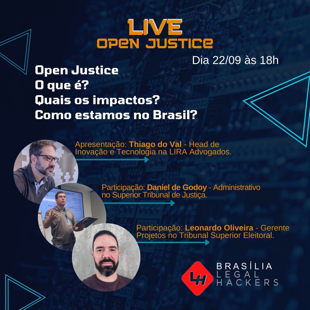 Brasília Legal Hackers (@bsblegalhackers) on Twitter photo #OpenJustice
O que é?
Quais impactos?
Como estamos no Brasil?
Quem ajudará a responder são <a href="/thidoval/">Thiago do Val</a> , <a href="/Leoadmbr/">Leonardo Oliveira</a> e <a href="/DanielBrasilia/">Daniel de Godoy Lopes</a> do nosso capítulo #LegalHacks
22/9 às 18h. Grátis.
Inscrições: forms.gle/HwP8kpdDMVtVML… #OpenJustice
O que é?
Quais impactos?
Como estamos no Brasil?
Quem ajudará a responder são <a href="/thidoval/">Thiago do Val</a> , <a href="/Leoadmbr/">Leonardo Oliveira</a> e <a href="/DanielBrasilia/">Daniel de Godoy Lopes</a> do nosso capítulo #LegalHacks
22/9 às 18h. Grátis.
Inscrições: forms.gle/HwP8kpdDMVtVML…