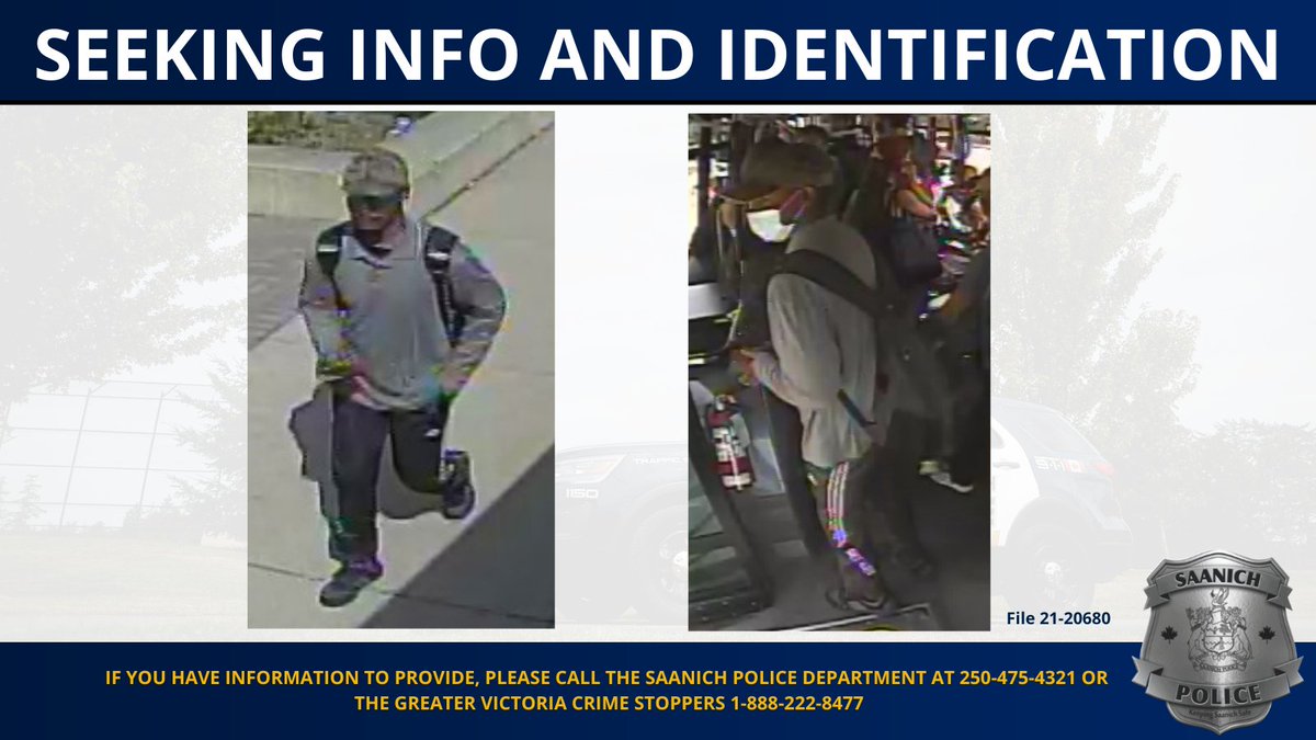 SaanichPolice's tweet image. Investigators are looking to identify a suspect involved in a sexual assault on a transit bus last Friday. If you recognize this person, were a witness or have info, please call SPD at 250-475-4321 or GV Crime Stoppers at 1-800-222-8477. Read more: bit.ly/2YU2Mio