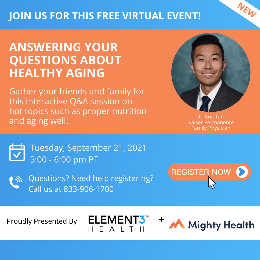 hellogrouper's tweet image. What are your questions about healthy aging? We’re partnering with Mighty Health to bring you this opportunity to ask Kaiser Permanente family physician Dr. Eric Tam your questions about nutrition and aging well. Register today at e3hfun.com/member! @mightyhealthapp