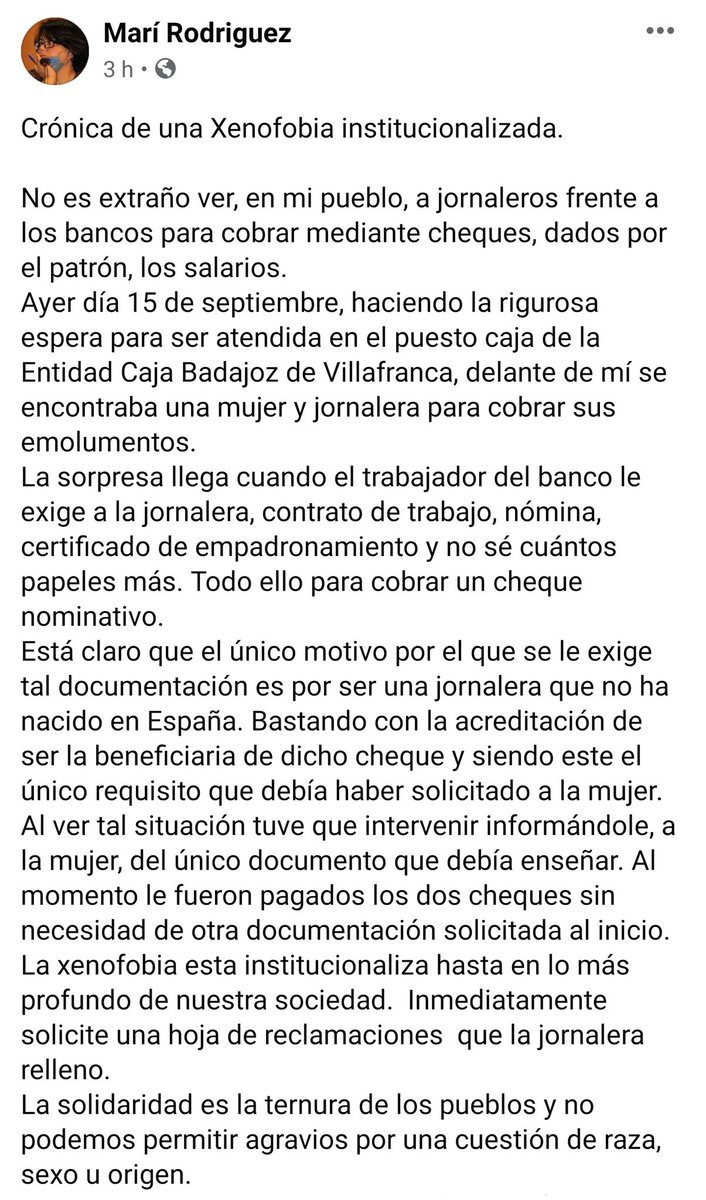 CampaDignidadEx's tweet photo. ‼ Ojo a la crónica-denuncia que hace nuestra compañera. El racismo y el clasismo, las canalladas y los canallas, están a la orden del día, atrincherados en cualquier despacho, detrás de cualquier mostrador, como en @ibercaja #VillafrancaDeLosBarros

🔗 https://t.co/1FUsKMV7RR https://t.co/wJw2gXVKdo