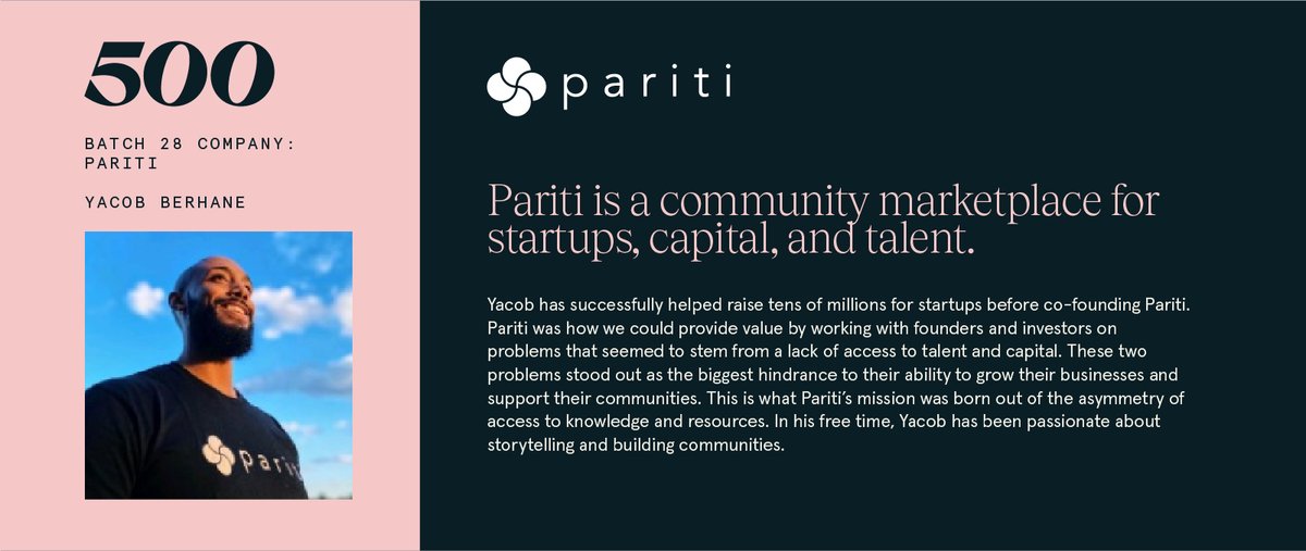 500GlobalVC's tweet image. @pariti_io is presenting now at #500DigitalDemoDay! Pariti is a community marketplace for startups, capital, and talent. Check out their pitch and learn more about them in their startup highlight! #b28demoday

Watch now: bit.ly/3zbqVxz
Learn more: bit.ly/3AtLxlO