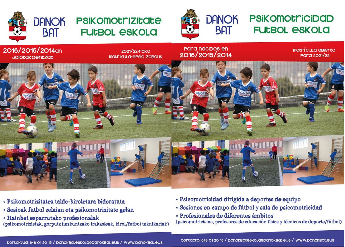 DanokBatClub's tweet image. Una verdadera escuela de fútbol. 
Aún quedan plazas de matriculación para el curso 2021-22 en Danok Bat Futbol-psikomotrizitate Eskola dirigido a niños del 2016, 2015 y 2014.
En la web: n9.cl/t9cy y la matrícula en: n9.cl/34mjx