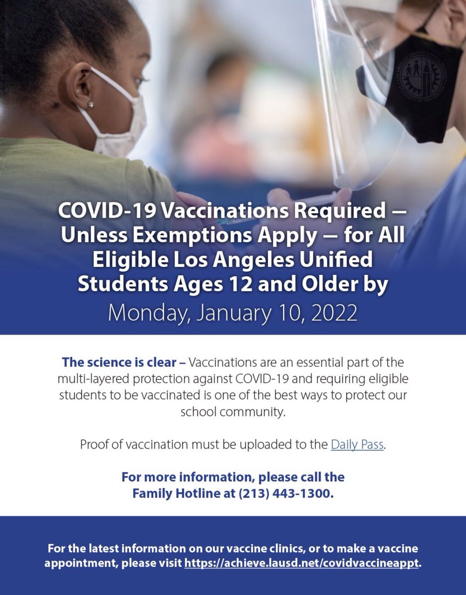 Student COVID vaccines being offered at the following schools September 20th-23rd .
Make your appointment on dailypass.lausd.net
FULTON COLLEGE PREP, GRANT SH, NO HOLLYWOOD SH ,PANORAMA SH, POLYTECHNIC SH, SAN FERNANDO MS, &amp; SYLMAR CHARTER HS